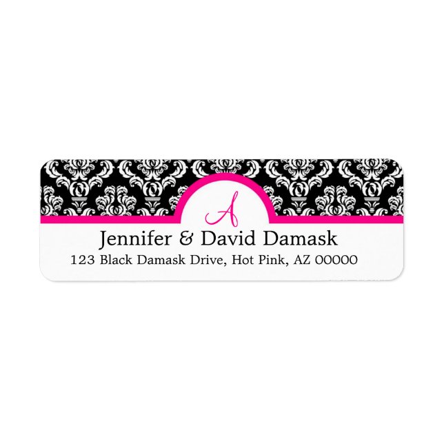 Hot Pink Monogram Damask Return Address Labels (Front)