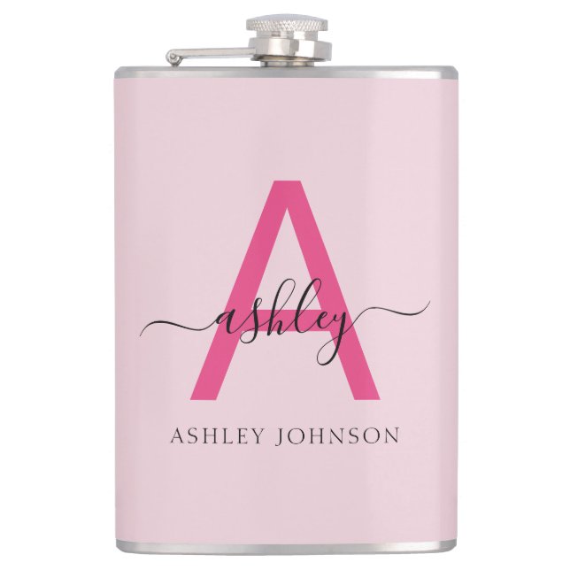 Hot Pink Monogram Girl's Bachelorette Party Flask (Front)