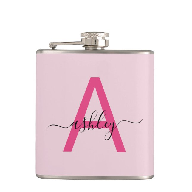 Hot Pink Monogram Girl's Bachelorette Party Hip Flask (Front)