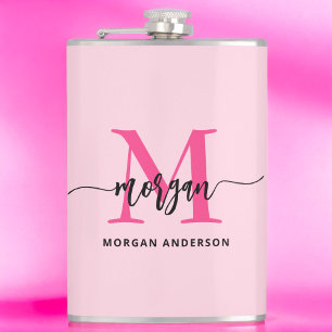 Hot Pink Monogram Girl's Bachelorette Party Hip Flask