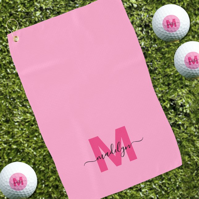 Hot Pink Monogram Golf Towel (Pink Initial Name Monogram Golf Towel)
