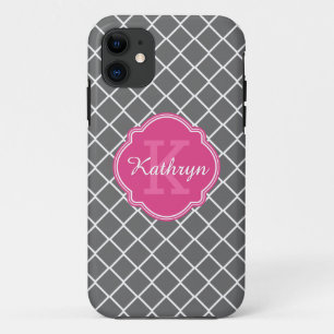 Hot Pink Monogram Grey Diamond Pattern iPhone 11 Case