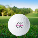 Hot pink monogram initials name golf balls<br><div class="desc">White background,  hot pink and black text. Personalise and add your monogram initials and name.  The name is written with a modern hand lettered style script.</div>