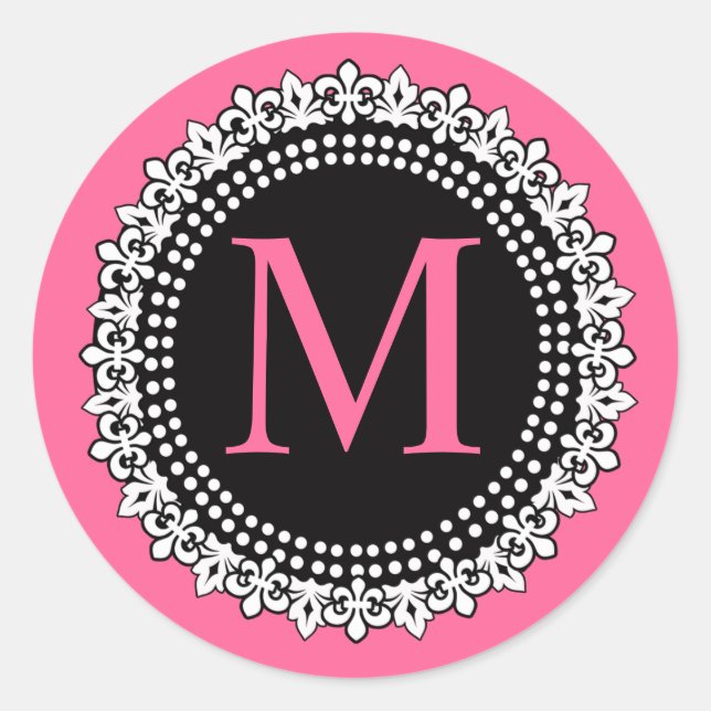 Hot Pink Monogram M Fleur de Lis Wedding Sticker (Front)
