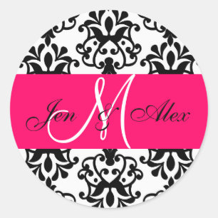 Hot Pink Monogram Names Damask Wedding Seal
