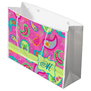 Hot Pink Monogram Personalised Modern Paisley Large Gift Bag