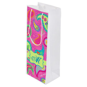 Hot Pink Monogram Personalised Modern Paisley Wine Gift Bag