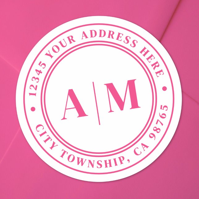 Hot Pink Monogram Return Address Classic Round Sticker (Hot Pink Monogram Return Address Classic Round Sticker )