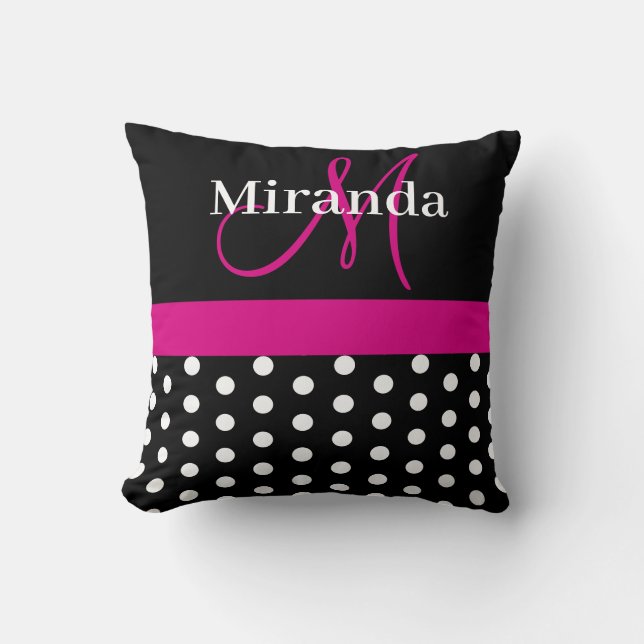 Hot Pink Monogram Script Polka Dots Throw Pillow (Front)