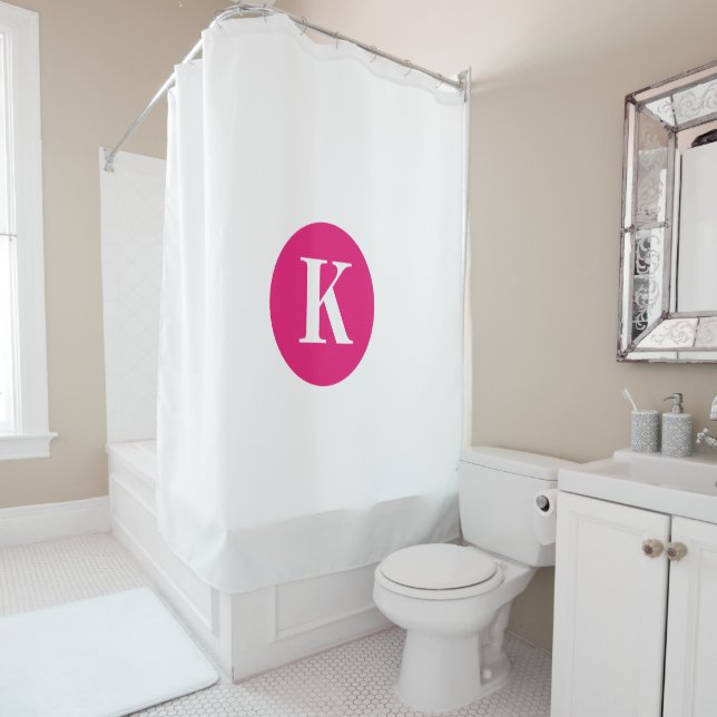 Hot Pink Monogram White Initial Custom Name Modern Shower Curtain (In Situ)