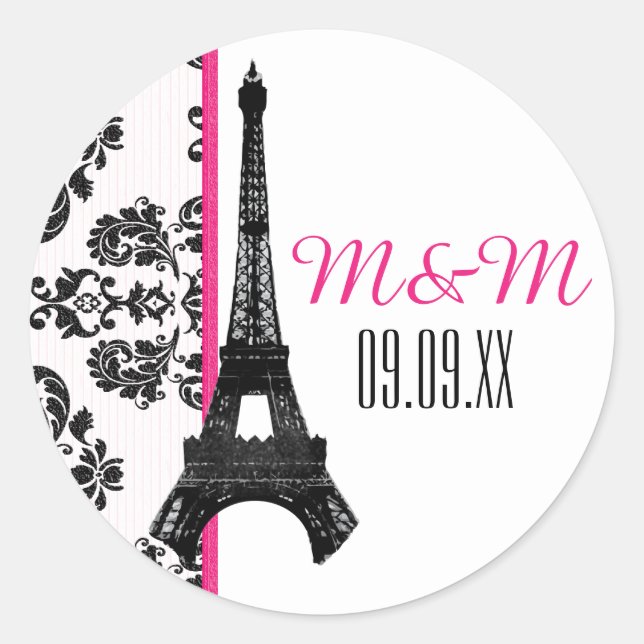 Hot Pink Monogrammed Damask Eiffel Tower Wedding Classic Round Sticker (Front)