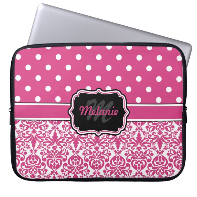 Hot Pink Monogrammed Damask Polka Dot Laptop Sleeve (Front)