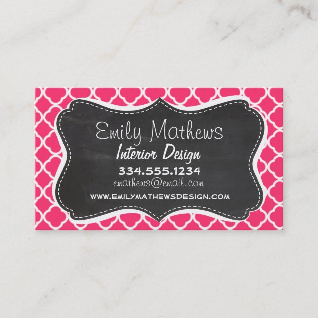 Hot Pink Moroccan Quatrefoil; Chalkboard look Business Card (Front)