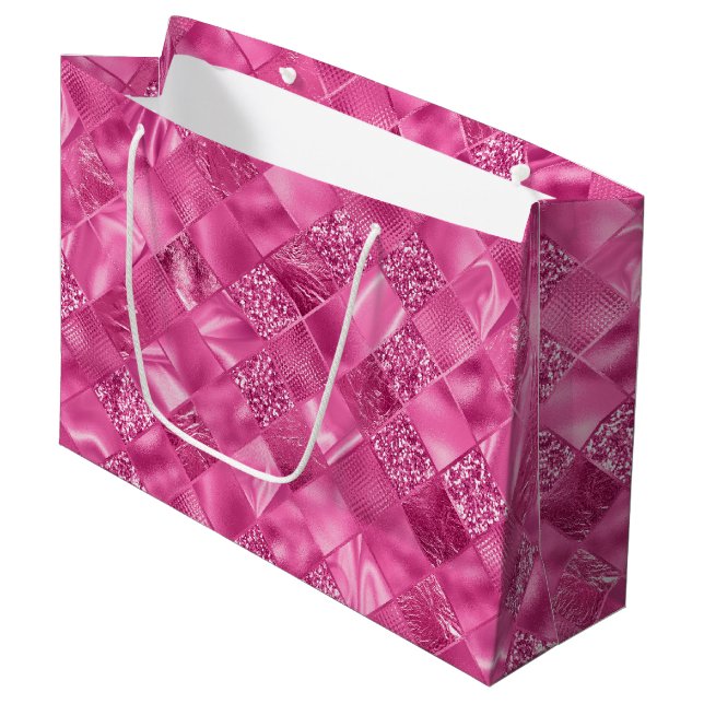 Hot Pink Multi-Texture Square Weave Pattern Large Gift Bag (Front Angled)