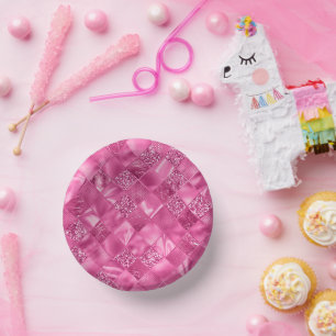 Hot Pink Multi-Texture Square Weave Pattern Paper Plate