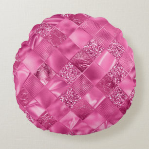 Hot Pink Multi-Texture Square Weave Pattern Round Cushion