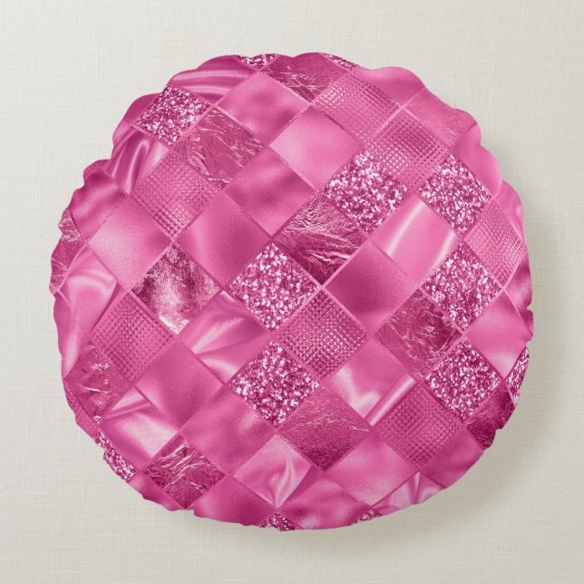 Hot Pink Multi-Texture Square Weave Pattern Round Cushion (Front)