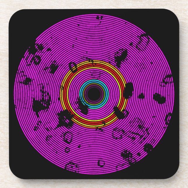 Hot Pink Multicolor Vinyl Disc Texture Pattern Coaster (Front)