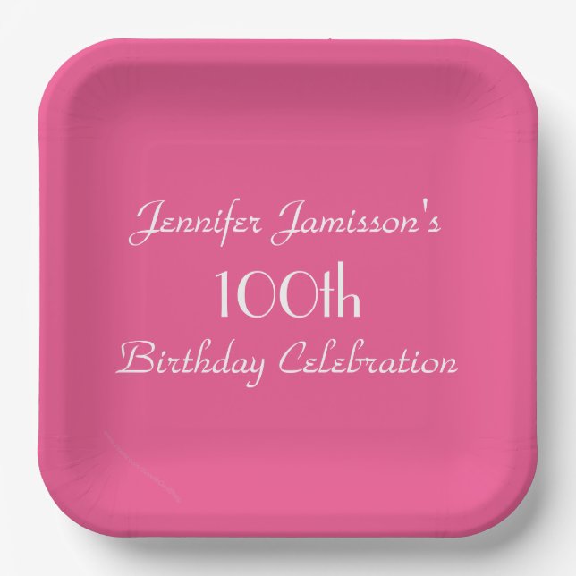Hot Pink, Name, 100th Birthday Party Simple Square Paper Plate (Front)