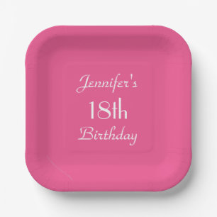 Hot Pink, Name, 18th Birthday Party Square  Paper Plate