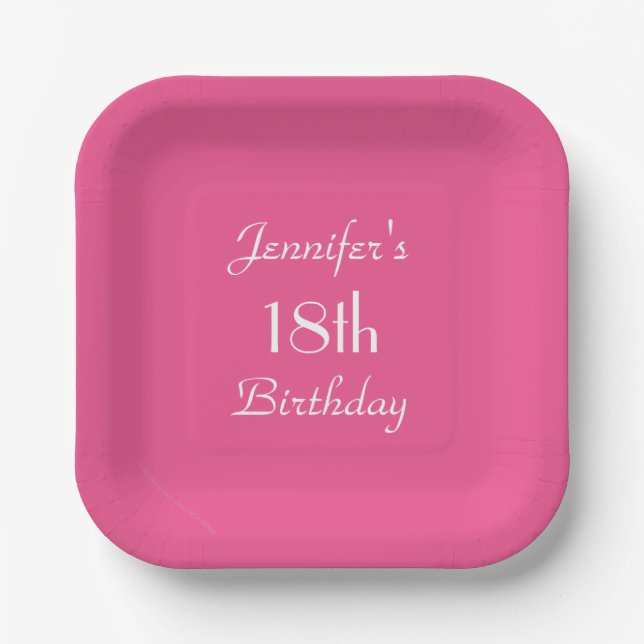 Hot Pink, Name, 18th Birthday Party Square  Paper Plate (Front)