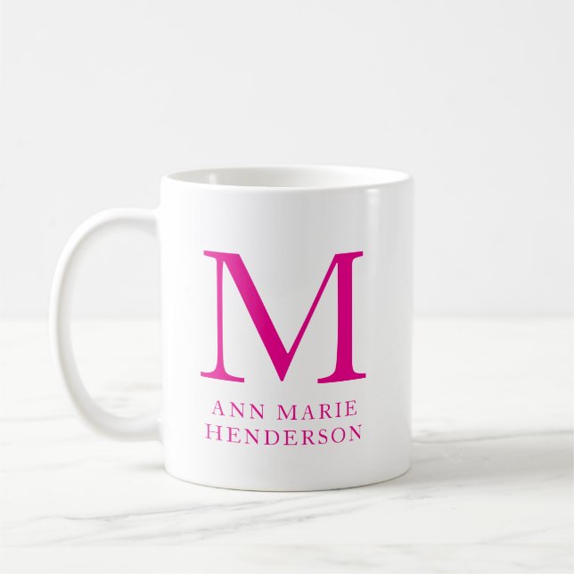 Hot Pink Name and Monogram  Coffee Mug (Left)