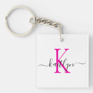 Hot Pink Name Initial Monogram Key Ring