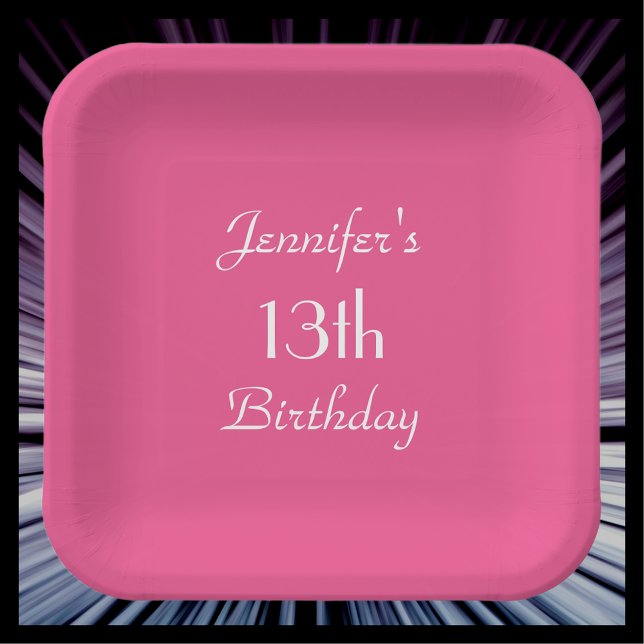 Hot Pink, Name Square round 13th Birthday Party Paper Plate (Creator Uploaded)