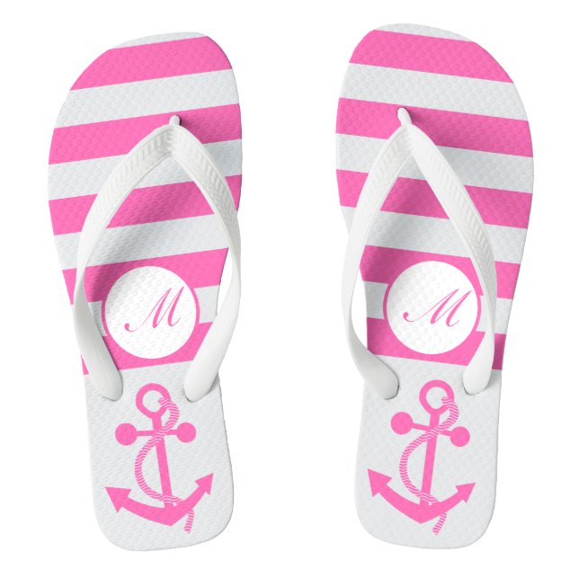Hot Pink Nautical Anchor with Stripes and Monogram Thongs (Footbed)