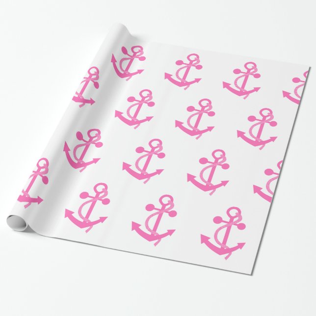 Hot Pink Nautical Anchor Wrapping Paper (Unrolled)