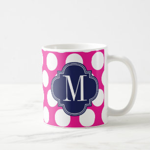 Hot Pink & Navy Big Polka Dots Monogrammed Coffee Mug
