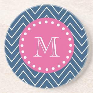 Hot Pink, Navy Blue Chevron Your Monogram Coaster