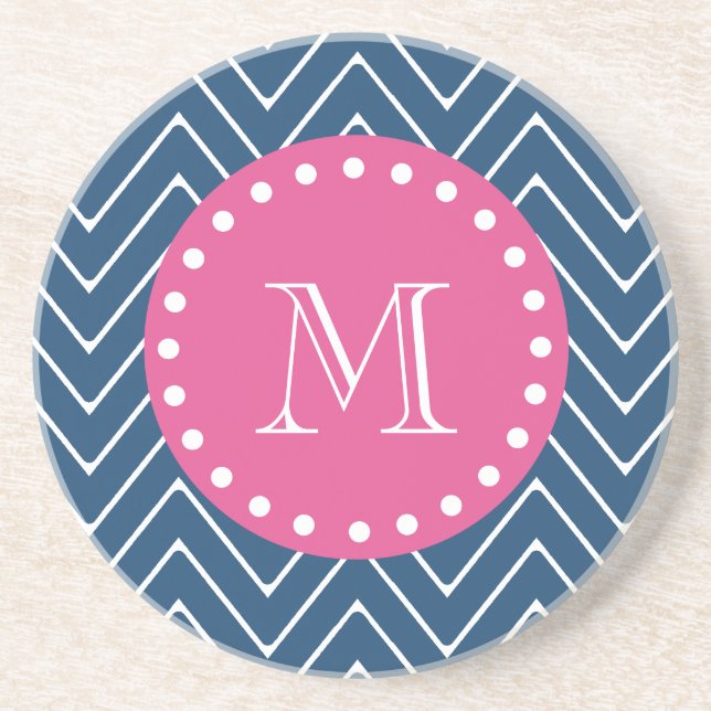 Hot Pink, Navy Blue Chevron | Your Monogram Coaster (Front)