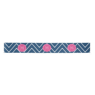 Hot Pink, Navy Blue Chevron Your Monogram Satin Ribbon