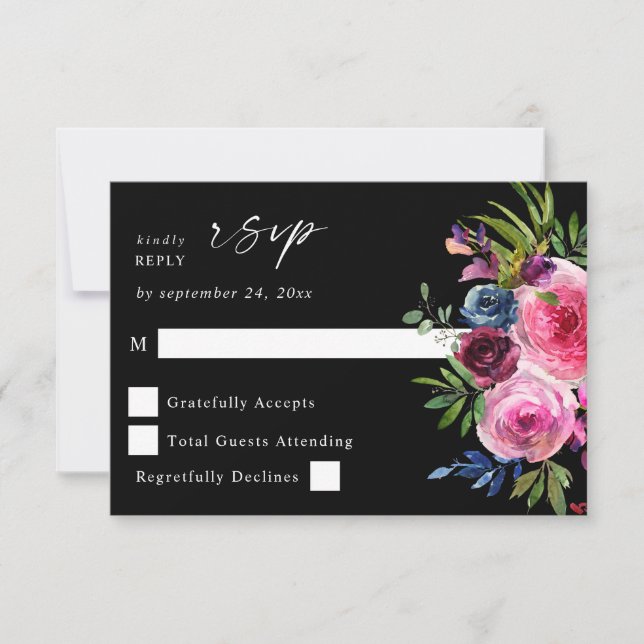 Hot Pink & Navy Blue Floral no Meal V3 Black RSVP Card (Front)