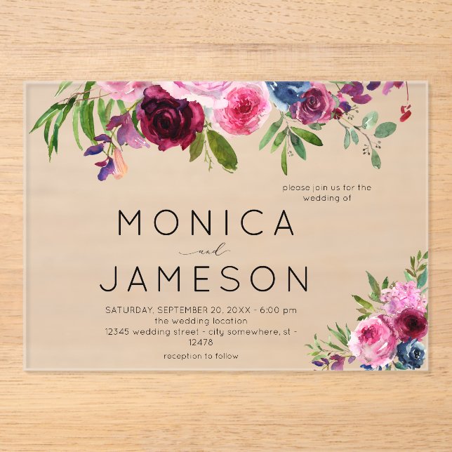 Hot Pink & Navy Blue Floral Wedding 2 Acrylic Invitations (Front)