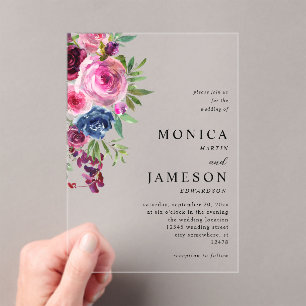 Hot Pink & Navy Blue Floral Wedding 3 Acrylic Invitations