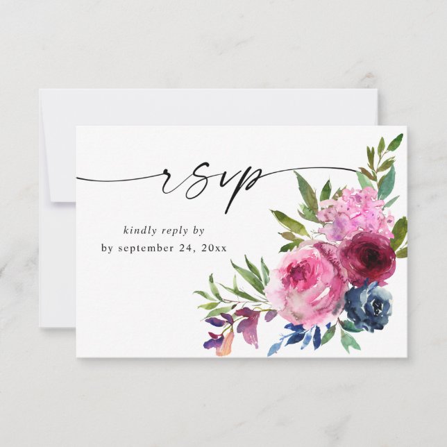 Hot Pink & Navy Blue Floral with Meal V3 RSVP Card (Front)