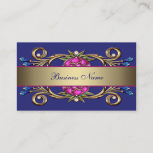 Hot Pink Navy Blue Gold Flower Swirl Business Card
