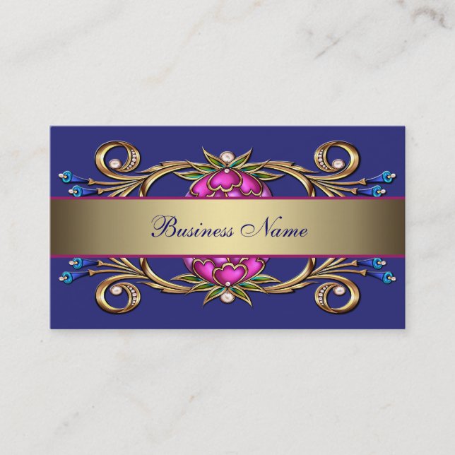 Hot Pink Navy Blue Gold Flower Swirl Business Card (Front)