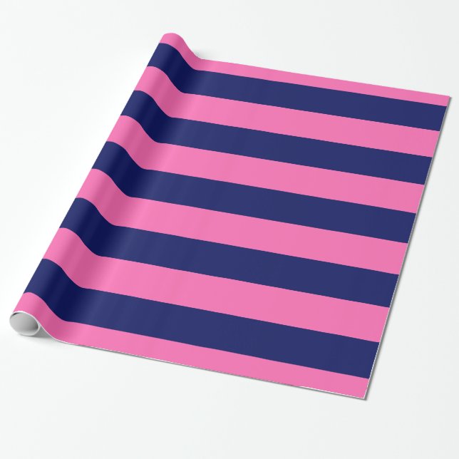 Hot Pink, Navy Blue XL Stripes Pattern V Wrapping Paper (Unrolled)
