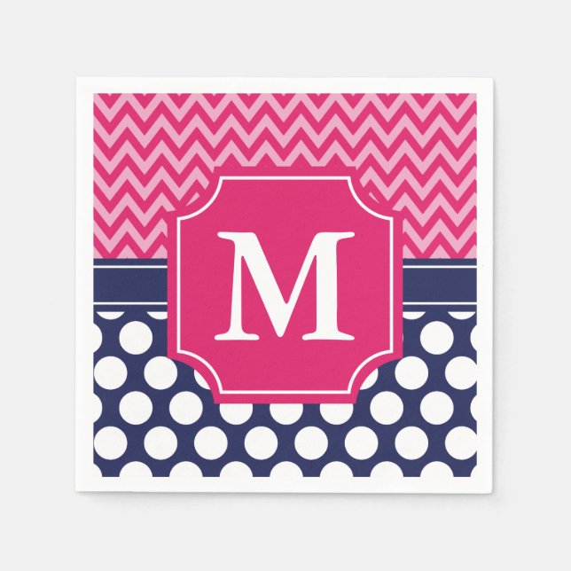Hot Pink & Navy Chevron Zigzag Polka Dots Monogram Napkin (Front)