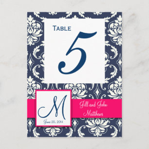 Hot Pink Navy Damask Wedding Table Number Postcard