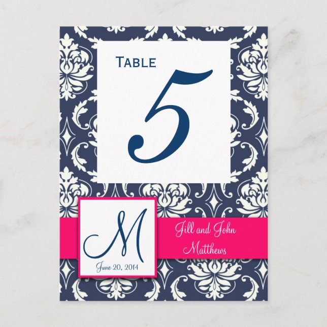 Hot Pink Navy Damask Wedding Table Number Postcard (Front)