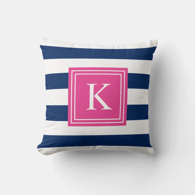 Hot Pink & Navy Monogram Striped | Throw Pillow (Front)