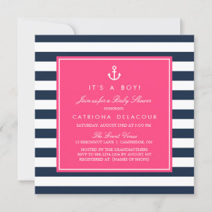 Hot Pink & Navy Nautical Baby Shower Invitation