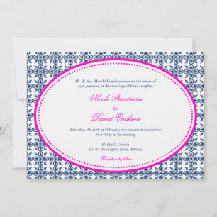 Hot pink navy oval beaded preppy custom wedding invitation