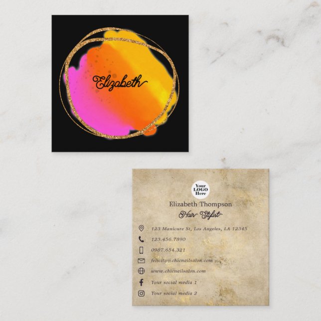 Hot-Pink Neon and Faux Gold Glitter Square Business Card (Front/Back)
