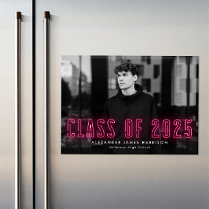 Hot Pink Neon Class of 2022 Photo Graduation Magnetic Invitation