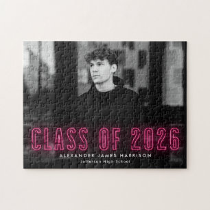 Hot Pink Neon Class of 2025 Graduation Photo Jigsaw Puzzle